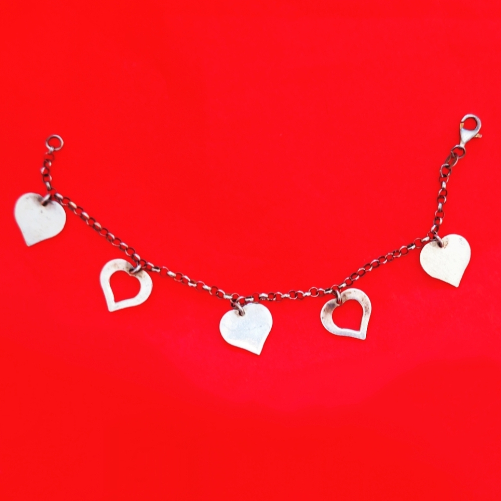 Vintage Mid-Century Modern Sterling Silver Heart Charm Bracelet